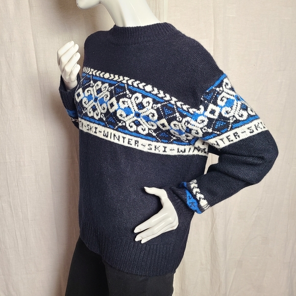H&M Women's Jacquard Knit Black Blue Winter Ski Fair Isles Alpine Sweater - Picture 3 of 12